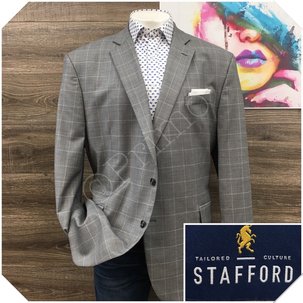 STAFFORD Men Wool Blazer Sport Coat Casual Jacket Size 52L Classic Gray Suit